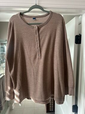 Waffle-Knit Henley Long Sleeve Top - Taupe